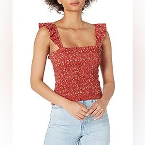 Lucky Brand Red Orange Floral Smocked Ruffle Sleeve Crop Top | Women’s XL